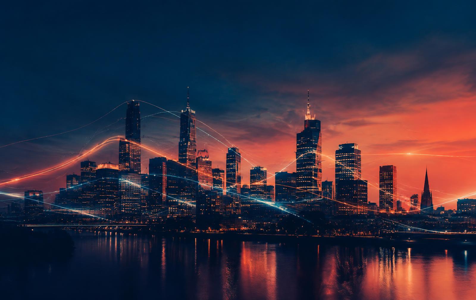 Melbourne skyline connected by digital light